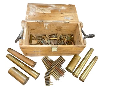 Lot 776 - Pine transit case containing a large collect of brass shell and bullet cases.