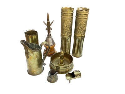 Lot 777 - Collection of brass Trench Art shell case items to include vases and ashtrays (1 box)