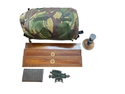 Lot 783 - Collection of assorted Militaria to include ammunition box and wooden panels with inlaid swastika decoration (1 box)