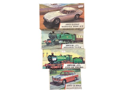 Lot 1994 - Airfix 1:24 Scale Series 6 Red Stripe Toyota 2000 GT No.641, 1:32 Scale Red Stripe Triumph Herald No.M204C & 1907 Lanchester, OO Scale Red Stripe City of Truro No.04654-3 & Prairie Tank No.04655-6...