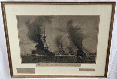 Lot 70 - Norman Wilkinson (1878-1971) pencil signed engraving of battleships, titled 'The sure shield of Britain and of her Empire', 37cm x 58cm in glazed frame