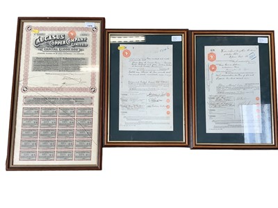 Lot 1476 - Caucasus Copper Company Limited - £1,000,000 share certificate with coupons, framed, together with a pair of framed deeds (3)