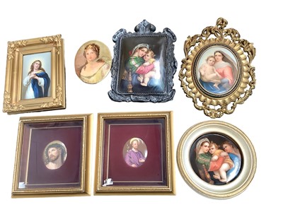 Lot 2532 - Group of seven printed and painted porcelain plaques, mostly framed, including the Madonna after Raphael, Christ with a crown of thorns, etc