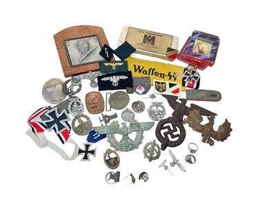 Lot 797 - Collection of German Militaria to include a First World War Imperial German Picklehaube badge (broken), various Nazi medals, badges and insignia (mainly post war copies), (1 box).