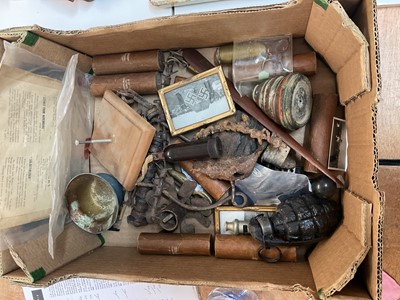 Lot 798 - Collection of assorted Militaria to include Civil Defence Warden arm band, V1 Flying Bomb 'Doodlebug' model and First World War ceramic teapot stand (1 box).