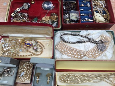 Lot 337 - Group of vintage costume jewellery including a Victorian silver watch chain, silver rings, other silver jewellery, simulated pearls, two wristwatches and bijouterie