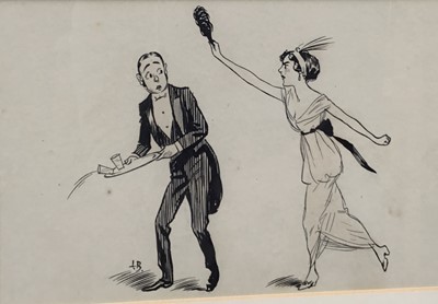 Lot 54 - Lewis Baumer (1870-1963) pen and ink illustration - "You cut our dance!", dated verso 1913, initialled, 15cm x 23cm, in glazed frame