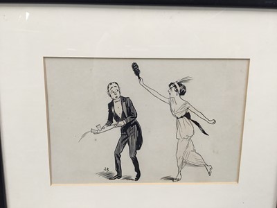 Lot 54 - Lewis Baumer (1870-1963) pen and ink illustration - "You cut our dance!", dated verso 1913, initialled, 15cm x 23cm, in glazed frame