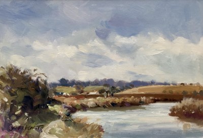 Lot 53 - James Hewitt (b.1934) oil on board - A Walk At Blythburgh, signed, 15cm x 21cm, in glazed frame