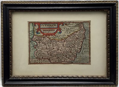 Lot 52 - 17th/18th century hand coloured engraved map of Suffolk, 9cm x 12.5cm, in double-sided glazed frame