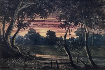 Lot 57 - Follower of Samuel Palmer, 19th century watercolour - scene at dusk, 12cm x 17.5cm, in glazed gilt frame