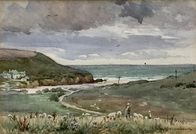 Lot 63 - John Witcombe (1872-1928) watercolour - Shepherd and his flock above a coastal bay, signed and dated '05, 17cm x 25cm, in glazed gilt frame