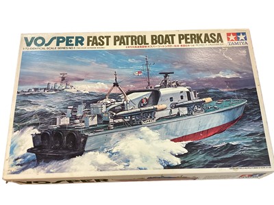 Lot 2021 - Airfix Series 9 1:72 Scale AVRO Lancaster B.II, No.A08001, Gloster Meteor F.8, No.A04064 (both part constructed) and Tamiya Series 1 1:72 Scale Vosper Fast Patrol Boat Perkasa, all boxed, plus othe...