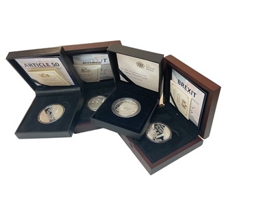 Lot 431 - G.B. - Mixed silver proof to include Royal Mint £5 silver proof coin 2008 'Brexit' silver .999 1oz commemorative medallions 2016 x 2 & 'The Article 50' silver .999 1oz commemorative medallion 2017...