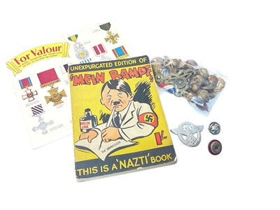 Lot 727 - Group of three Nazi badges, other cap badges and buttons, and an anti Nazi propaganda book.