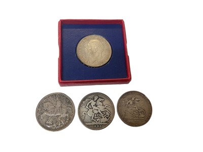 Lot 435 - G.B. - Mixed silver Crowns to include George III 1819 LIX (N.B. Obv: Small dig & edge bruise) otherwise F, Victoria JH 1891 G & George V 1935 x 2 to include specimen strike in red box of issu...