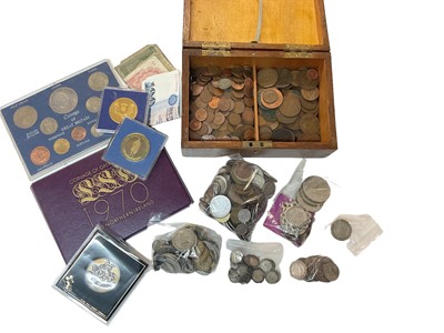 Lot 480 - World - Mixed coinage to include G.B. proof set 1970, silver Three Pences x 45, pre 1920 silver & others (Qty)