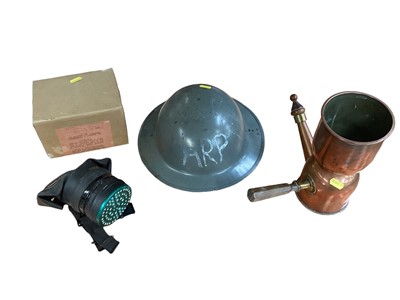 Lot 846 - Second World War British MK II pattern steel helmet, with grey painted finish marked ARP to front, together with a gas mask and a copper field kettle (1 box).