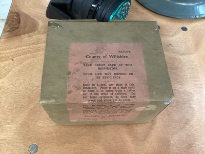 Lot 846 - Second World War British MK II pattern steel helmet, with grey painted finish marked ARP to front, together with a gas mask and a copper field kettle (1 box).