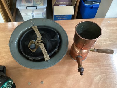 Lot 846 - Second World War British MK II pattern steel helmet, with grey painted finish marked ARP to front, together with a gas mask and a copper field kettle (1 box).