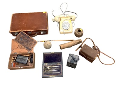 Lot 2605 - Vintage cream telephone, draughtmans set, box brownie cameras and leather case.