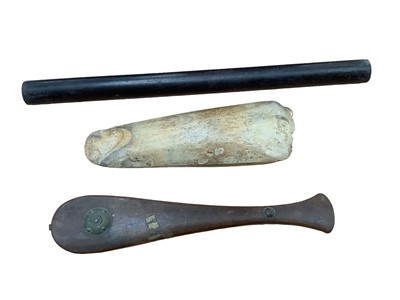 Lot 2595 - Neolithic polished hand axe, together with a set of Chinese opium scales and an ebony blotter roller, (3).