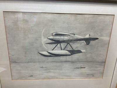 Lot 736 - Edward Burton- pencil study of a Supermarine Schneider Trophy sea plane, signed and dated 1929, mounted in a glazed frame, image 48 x 33.5cm.