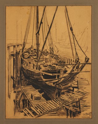 Lot 1099 - *Cor Visser (1903-1982) charcoal on paper - 'Boat in for repairs Zeebrugge', signed, inscribed and dated '34, further titled verso, 47.5cm x 37.5cm, in glazed frame