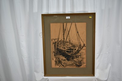 Lot 1099 - *Cor Visser (1903-1982) charcoal on paper - 'Boat in for repairs Zeebrugge', signed, inscribed and dated '34, further titled verso, 47.5cm x 37.5cm, in glazed frame