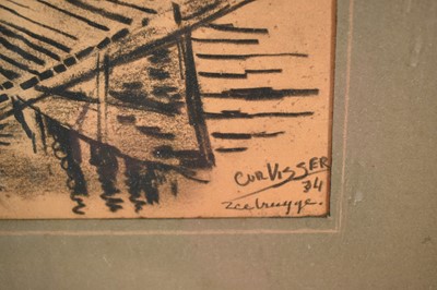 Lot 1099 - *Cor Visser (1903-1982) charcoal on paper - 'Boat in for repairs Zeebrugge', signed, inscribed and dated '34, further titled verso, 47.5cm x 37.5cm, in glazed frame
