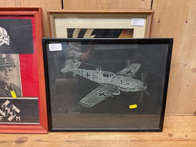 Lot 810 - Group of seven Nazi German items mounted in glazed frames, to include reproduction poster, drawing of an ME 262, reproduction arm bands and insignia (7).