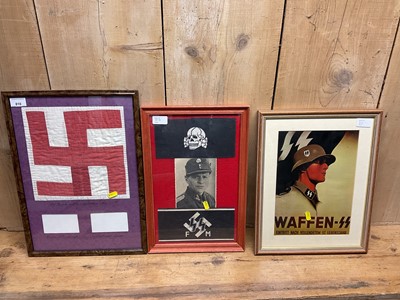 Lot 810 - Group of seven Nazi German items mounted in glazed frames, to include reproduction poster, drawing of an ME 262, reproduction arm bands and insignia (7).