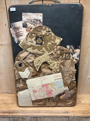 Lot 811 - Gulf War interest- group of uniform and maps including Royal Corps of Transport hat and Kuwait map, mounted in frame.