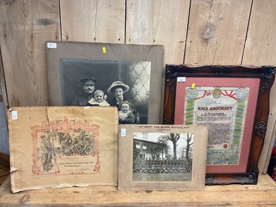 Lot 812 - Second World War H.M.S. Argonaut 1945 framed proclamation, First World War photographs and other framed items.