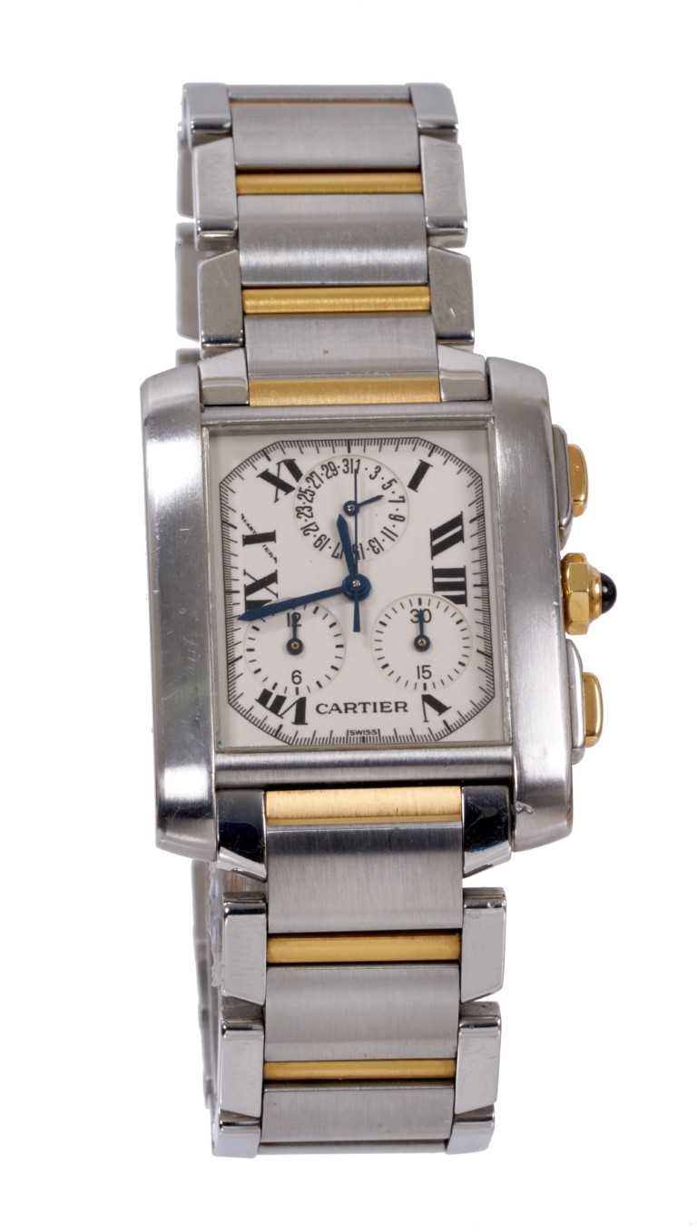 Lot 600 - Gentlemens Cartier Tank Francaise Chronoflex stainless steel and gold wristwatch, reference no. 2303, serial no. 152xxxBB, silvered dial, cal. 212P 25 jewel movement, cabouchon crown, Cartier brace...