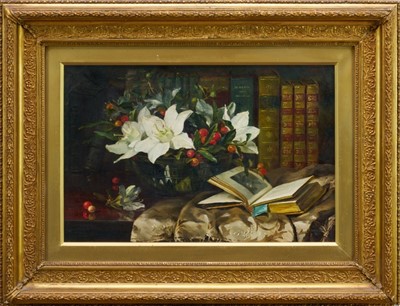 Lot 1063 - Catherine Mary Wood (c.1860-1939) oil on canvas - Still Life with Books and Flowers, signed and dated 1881, 30cm x 46cm, in glazed gilt frame