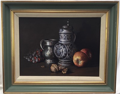 Lot 63 - Peter F. Fuller, oil on canvas - Still life of two jugs, fruit and walnuts, 28cm x 39cm, signed, framed