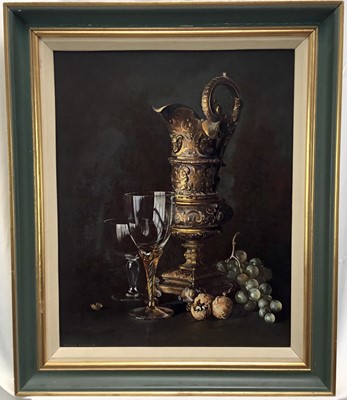 Lot 66 - Peter F. Fuller, oil on canvas - Still life of a wine ewer and glasses, fruit and walnuts, signed, 49cm x 39cm, framed