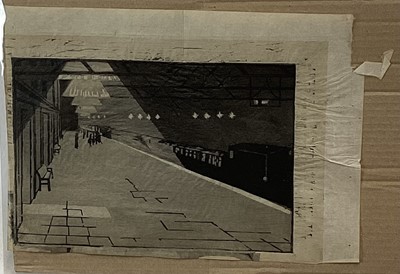 Lot 146 - 1930s monochrome woodblock picture of a train station