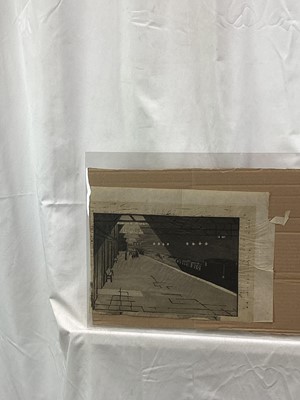 Lot 146 - 1930s monochrome woodblock picture of a train station