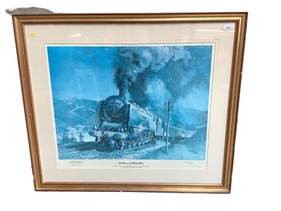 Lot 2653 - Terence Cuneo, railway signed print of Duchess of Hamilton, together with another "Storm over Southall Shed", both in glazed frames, (2).