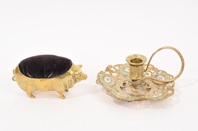 Lot 737 - 19th century French brass chamber stick and pig inkwell