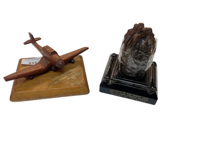 Lot 833 - Second World War 'Trench Art' model of a German Stuka, mounted onto base with caption 'With happy memories of Xmas 1945' together with a First World War grenade on base 'memento of the Great War ac...