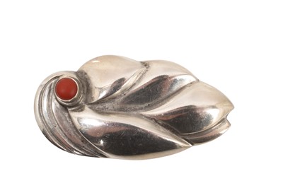 Lot 292 - Georg Jensen sterling silver leaf brooch set with cabochon stone, with marks and no. 360 to reverse.