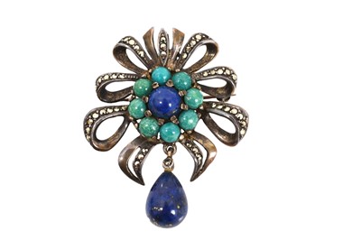 Lot 294 - Unusual Georg Jensen sterling silver marcasite, lapis and green cabochon stone combination brooch / pendant.