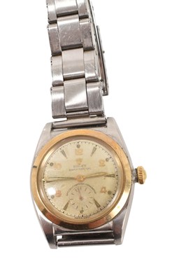 Lot 280 - 1950's Gentlemen's Rolex Oyster Perpetual chronometer wristwatch in stainless steel case with gold plated bezel, champagne dial, baton and Arabic numeral hour markers and subsidiary seconds dial, o...