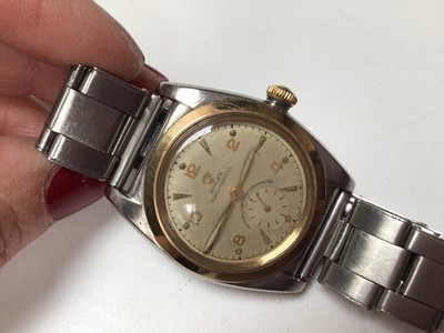 Lot 280 - 1950's Gentlemen's Rolex Oyster Perpetual chronometer wristwatch in stainless steel case with gold plated bezel, champagne dial, baton and Arabic numeral hour markers and subsidiary seconds dial, o...