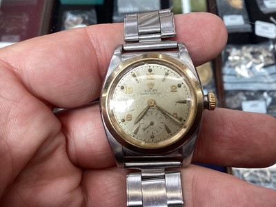 Lot 280 - 1950's Gentlemen's Rolex Oyster Perpetual chronometer wristwatch in stainless steel case with gold plated bezel, champagne dial, baton and Arabic numeral hour markers and subsidiary seconds dial, o...