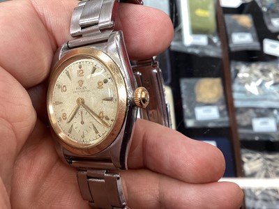 Lot 280 - 1950's Gentlemen's Rolex Oyster Perpetual chronometer wristwatch in stainless steel case with gold plated bezel, champagne dial, baton and Arabic numeral hour markers and subsidiary seconds dial, o...