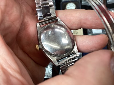 Lot 280 - 1950's Gentlemen's Rolex Oyster Perpetual chronometer wristwatch in stainless steel case with gold plated bezel, champagne dial, baton and Arabic numeral hour markers and subsidiary seconds dial, o...
